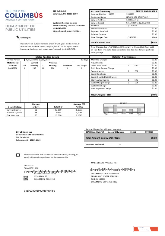 USA Ohio City of Columbus business utility bill template in Word and PDF formats
